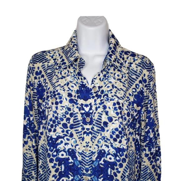 Cabi Women's Sz M  Blue Mosaic Geo Print Convertible Shirt Dress (1685) - Picture 5 of 8
